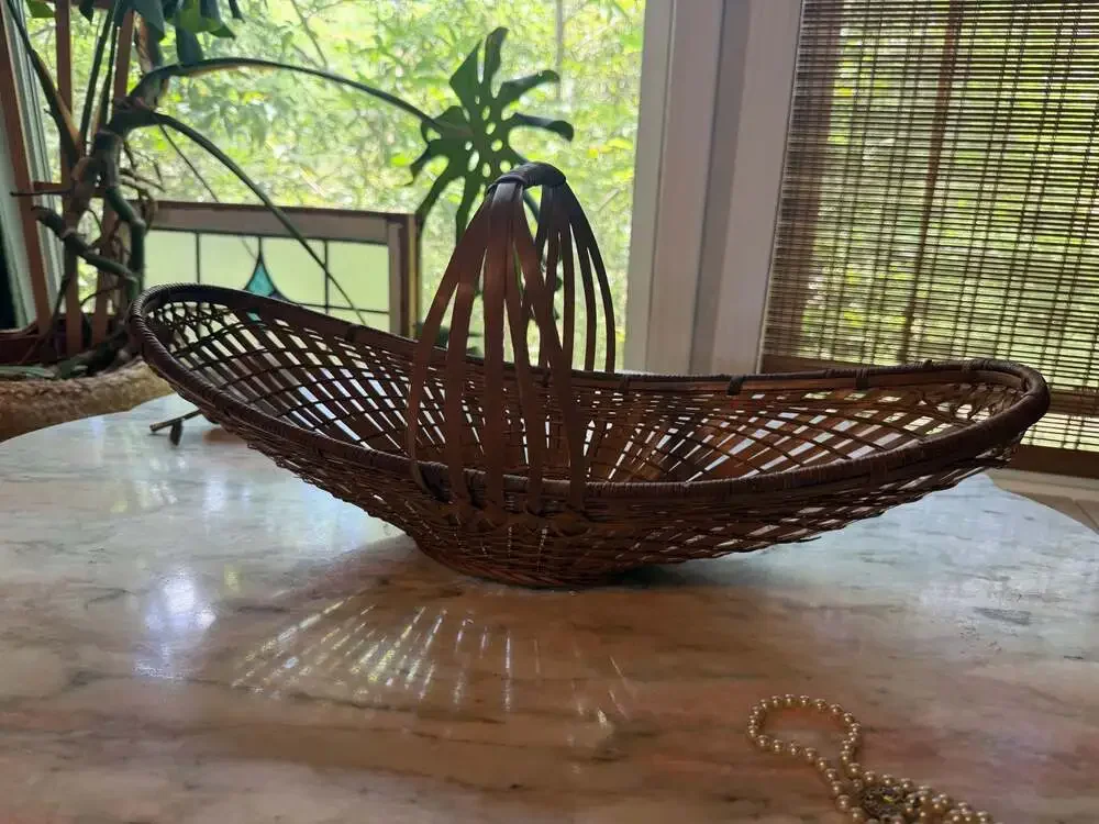 Vintage Mid-Century Modern Oblong Bamboo Rattan Boat Shaped Bread Basket with Sc